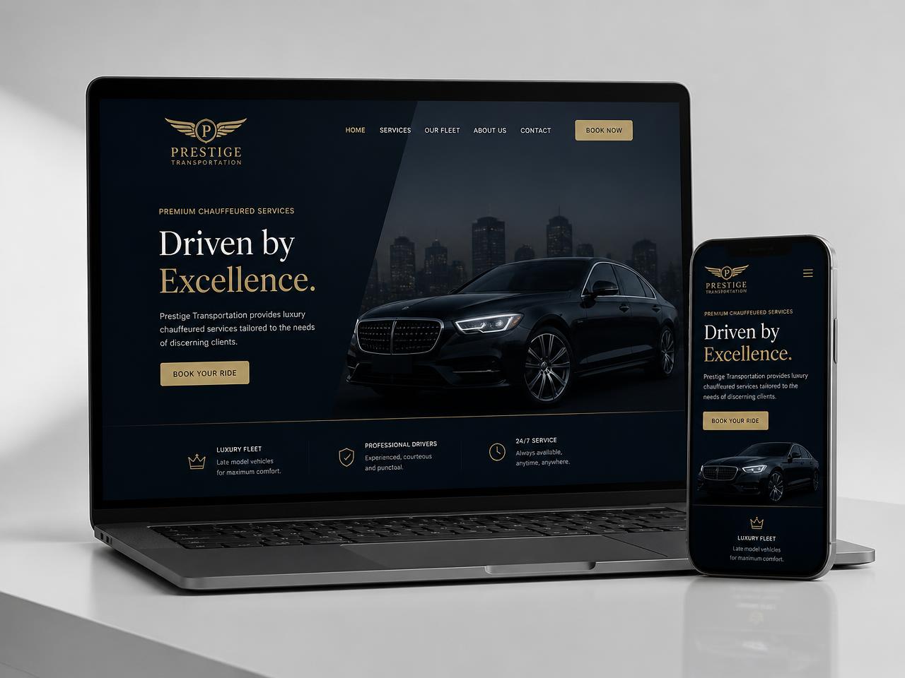 Sitio web de Prestige Transportation en una laptop y celular